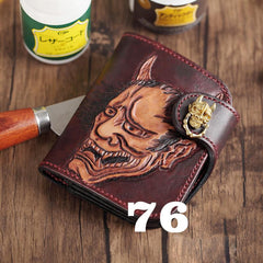 Brown Handmade Tooled Hannya Leather Mens Small Bifold Biker Wallet billfold Wallet For Men