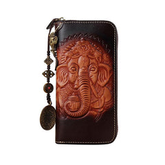 Handmade Leather Ganesha Tooled Biker Chain Mens Long Wallet Cool Leather Wallet Clutch Wallet for Men