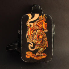 Cool Handmade Tooled Leather Dragon Carp Sling Bag Chest Bag One Shoulder Backpack For Men