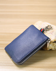 Slim Women Gray Leather Zip Wallet with Keychains Minimalist Coin Wallet Small Zip Change Wallet For Women