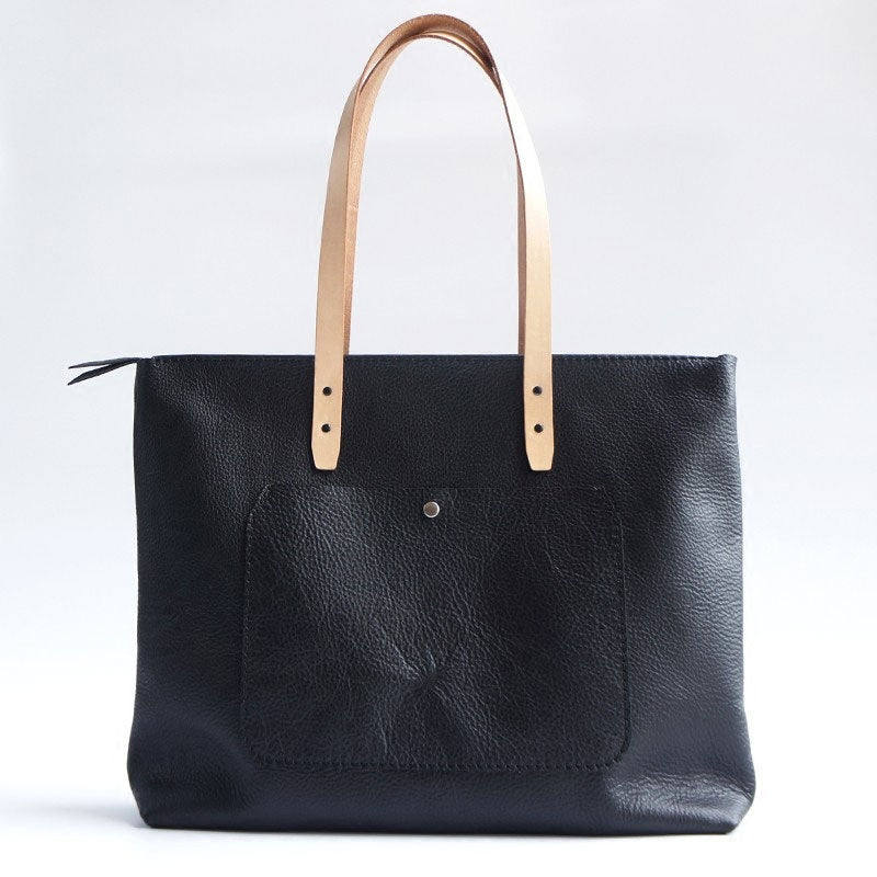 Handmade Black Leather Tote Purse Shoulder Bag Shopper Tote Bag for Women