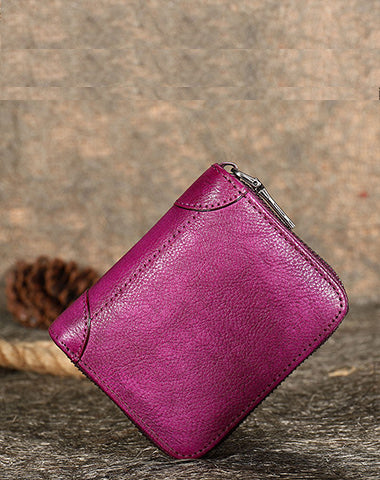 Vintage Women Purple Leather Small Wallet Zip Around Bifold Billfold Wallet with Coin Pocket For Women