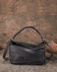 Vintage Brown Leather Womens Cube Shoulder Bag Handmade Geometry Crossbody Purse for Ladies