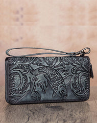 Floral Carp Brown Leather Wristlet Wallets Womens Zip Around Wallet Floral Ladies Zipper Clutch Wallets for Women