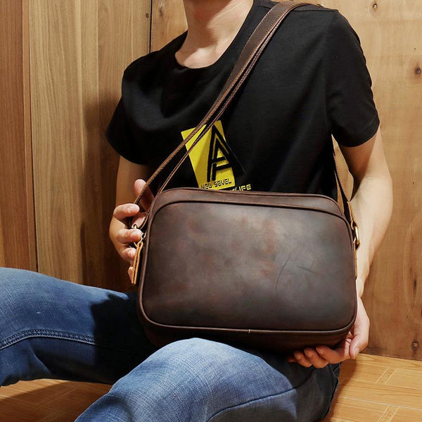 Coffee Leather Small Mens Messenger Bag Side - Back View