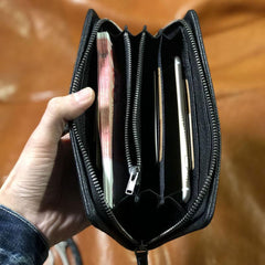 Genuine Leather Mens Cool Biker Chain Wallet Long Leather Wallet Clutch Wristlet Wallet for Men