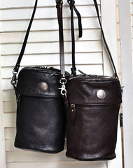 Womens Coffee Leather Bucket Crossbody Bag Purse Vintage Handmade Round Barrel Shoulder Bag for Women