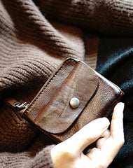 Cute Women Brown Zip Leather Billfold Wallet Minimalist Zip Coin Wallet Change Wallet For Women