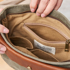 Mens Canvas Leather Square Side Bag Messenger Bag Canvas Shoulder Bag for Men
