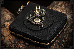 Handmade Leather Chinese Dragon Tooled Mens billfold Wallet Cool Chain Wallets Biker Wallet for Men