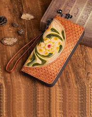 Vintage Floral Black Leather Wristlet Wallet Womens Flower Zip Around Wallets Floral Ladies Zipper Clutch Wallets for Women