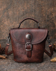 Vintage Leather Womens Bucket Shoulder Bag Handmade - Card Slots Detail