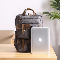 Cool Waxed Canvas Leather Mens Waterproof 15'' Backpack Gray Travel Backpack Hiking Backpack for Men
