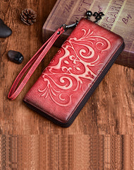 Handmade Womens Floral Coffee Leather Zip Around Wallet Wristlet Wallet Floral Ladies Zipper Clutch Wallet for Women