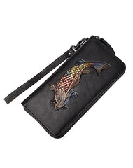 Womens Carp Black Leather Zip Around Wallet Wristlet Wallet Carp Ladies Zipper Clutch Wallet for Women