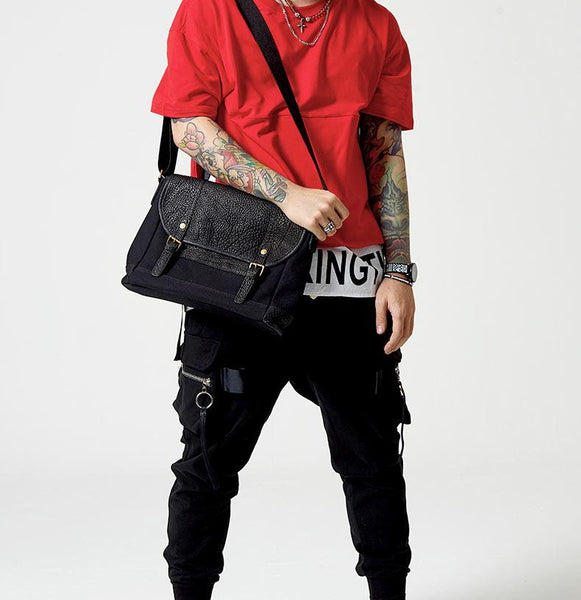 Black Canvas Leather Mens Side Bags Messenger - Back View