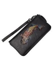 Womens Carp Leather Zip Around Wallet Wristlet Wallet Carp Ladies Zipper Clutch Wallet for Women