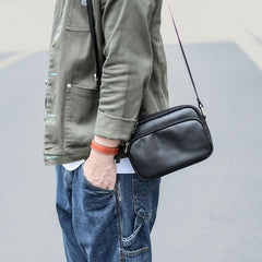 Black Leather Mens Small Courier Bag Messenger Bag Mini Postman Bag For Men