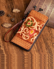 Vintage Floral Black Leather Wristlet Wallet Womens Zip Around Wallets Floral Ladies Zipper Clutch Wallets for Women