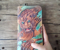 Handmade Leather Chinese Lion Tooled Mens Long Wallet Cool Leather Wallet Clutch Wallet for Men