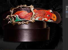 Handmade Leather Tooled Carp Mens Belt Cool Leather Men Belt for Men
