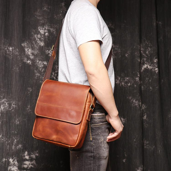 Best Brown Leather Men's Vertical Side Bag - Back View