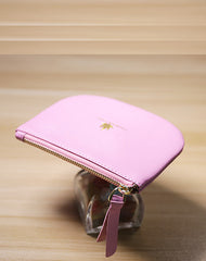 Slim Women Pink Leather Zip Card Wallet Saddle Minimalist Coin Wallet Small Zip Change Wallet For Women