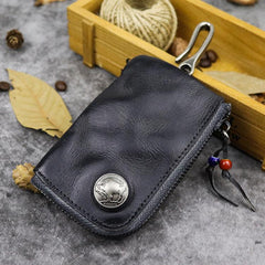 Vintage Brown Leather Men's Car Key Wallet Black Zipper Key Wallet For Men