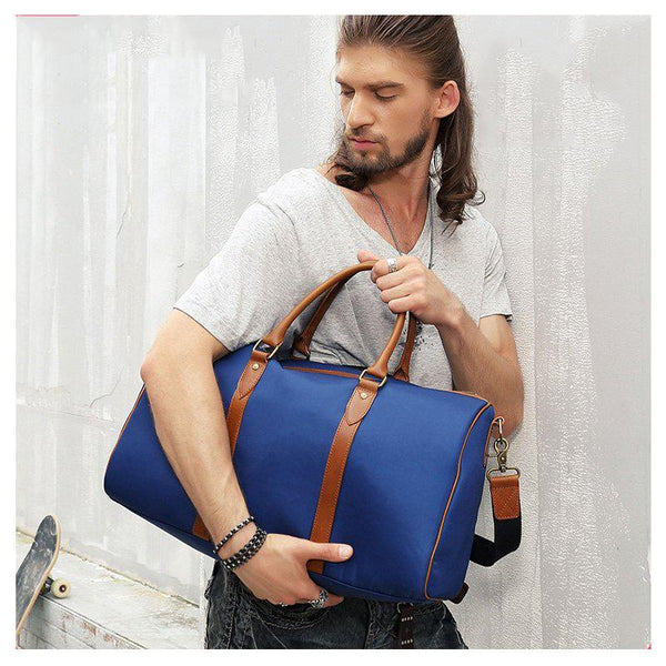 Blue Nylon Leather Mens Travel Bag Weekender - Back View