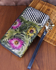 Vintage Handmade Flowers Floral Brown Leather Wristlet Wallet Womens Zip Around Wallets Flowers Ladies Zipper Clutch Wallet for Women