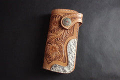 Tooled Handmade Leather Mens Long Biker Wallets Chain Wallet Biker Chain Wallets For Men