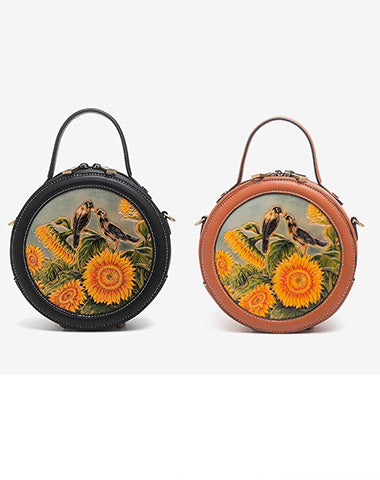 Handmade Womens Black Leather Round Handbag Purse Round Birds Crossbody Bag for Women