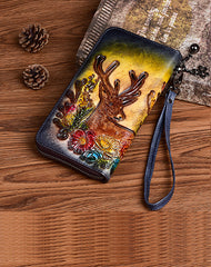 Vintage Reindeer Gray Leather Wristlet Wallet Womens Zip Around Wallets Reindeer Ladies Zipper Clutch Wallet for Women