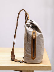 Canvas Leather Mens White Chest Bag One Shoulder Backpack Green Sling Bag for Men