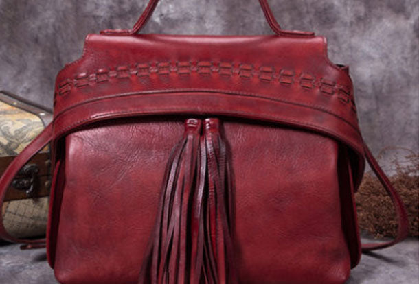 Genuine Leather Handbag Vintage Tassel Crossbody Bag Geometric Shoulder Bag Purse For Women - EverHandmade