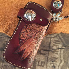 Handmade Leather Tooled Indian Chief Mens Chain Biker Wallet Cool Leather Wallet Long Wallet for Men