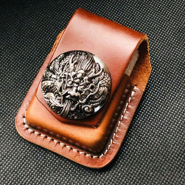 Brown Handmade Leather Mens Chinese Dragon Zippo - Back View