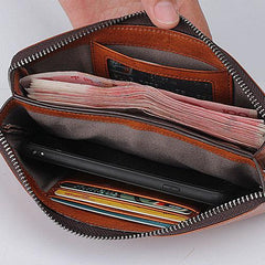 Handmade Leather Mens Cool Long Leather Wallet Bifold Clutch Wallet for Men
