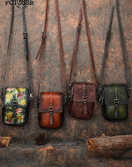 Green Leather Womens VIntage Phone Shoulder Bag - Card Slots Detail