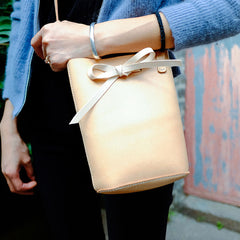 Handmade Leather Beige Womens Bucket Purse Barrel Shoulder Bag for Women