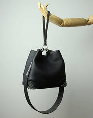 Black Womens Leather Bucket Shoulder Purse Womens Barrel Khaki Leather Handbag Shoulder Bag for Ladies
