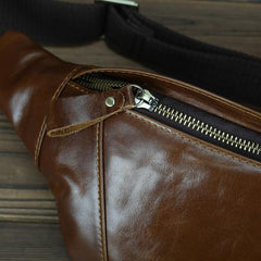 Brown MENS LEATHER FANNY PACK Coffee BUMBAG - Card Slots Detail