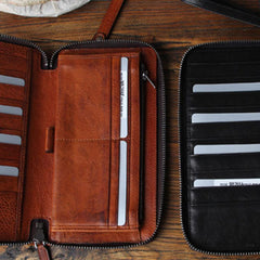 Genuine Leather Mens Cool Long Leather Wallet Biker Wallet Zipper Clutch Wristlet Wallet for Men