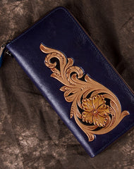 Handmade Floral Coffee Leather Wristlet Wallet Womens Zip Around Wallets Flowers Ladies Zipper Clutch Wallet for Women