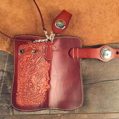Handmade Leather Tooled Skull Mens Chain Biker Wallet Cool Leather Wallet Long Wallet for Men