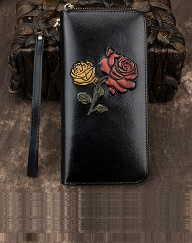 Womens Rose Flowers Black Leather Wristlet Wallets Zip Around Wallet Flowers Ladies Zipper Clutch Wallet for Women