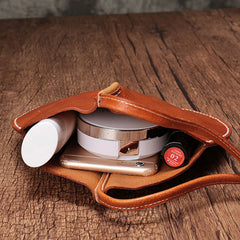 Brown Leather Womens Round Handbag Wristlet Purse Mini Circle Purse For Women