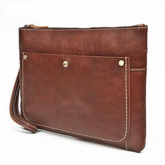 Large Brown MENS LEATHER SLIM ZIPPER CLUTCH Dark Coffee WRISTLET PURSE Envelope Briefcase Bag For Men