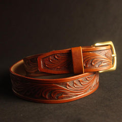 Handmade Vintage Yellow Brown Floral Tooled Leather Mens Belt Carved Leather Belt for Men