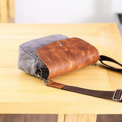 Leather Canvas Mens Small Side Bag Gray Courier Bag Postman Bag Messenger Bag for Men